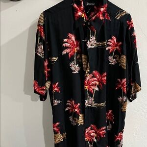 Puritan Men's Black Shirt with Red and Brown Tropical Print